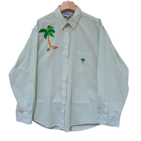 Las Olas Other - Vintage Las Olas Green Pinstripe Palm tree Mens Shirt size Large